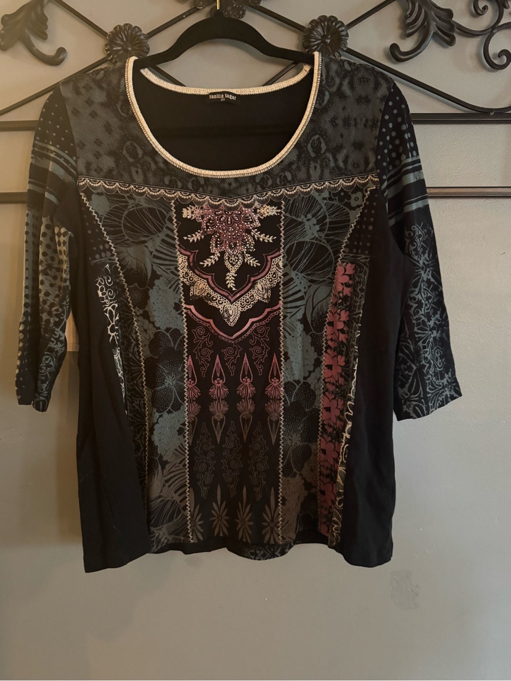 Vanilla Sugar Black Long-Sleeve Scoop Neck Top with Teal and Pink Pattern